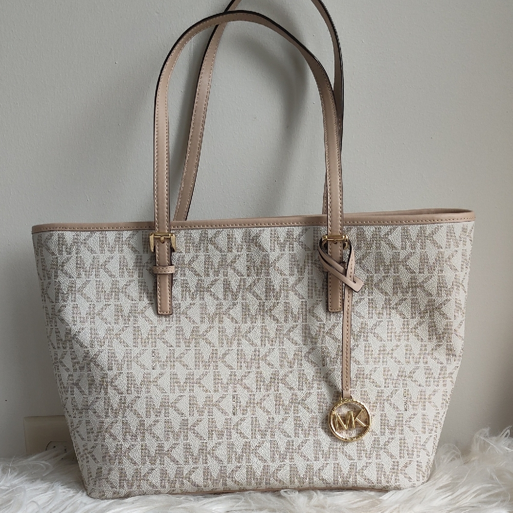 Michael Kors Cream Signature Tote with Leather Trim